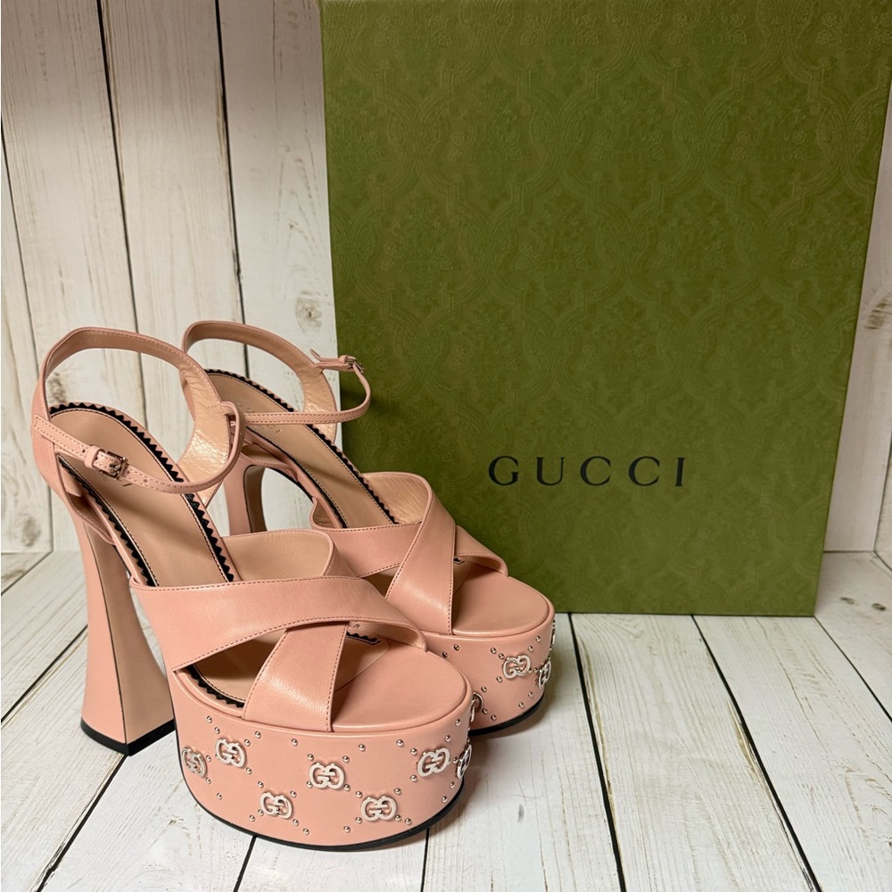 Gucci Malaga Kid Interlocking G Studs Leather Platform Sandals Pink Sz 39 / 9